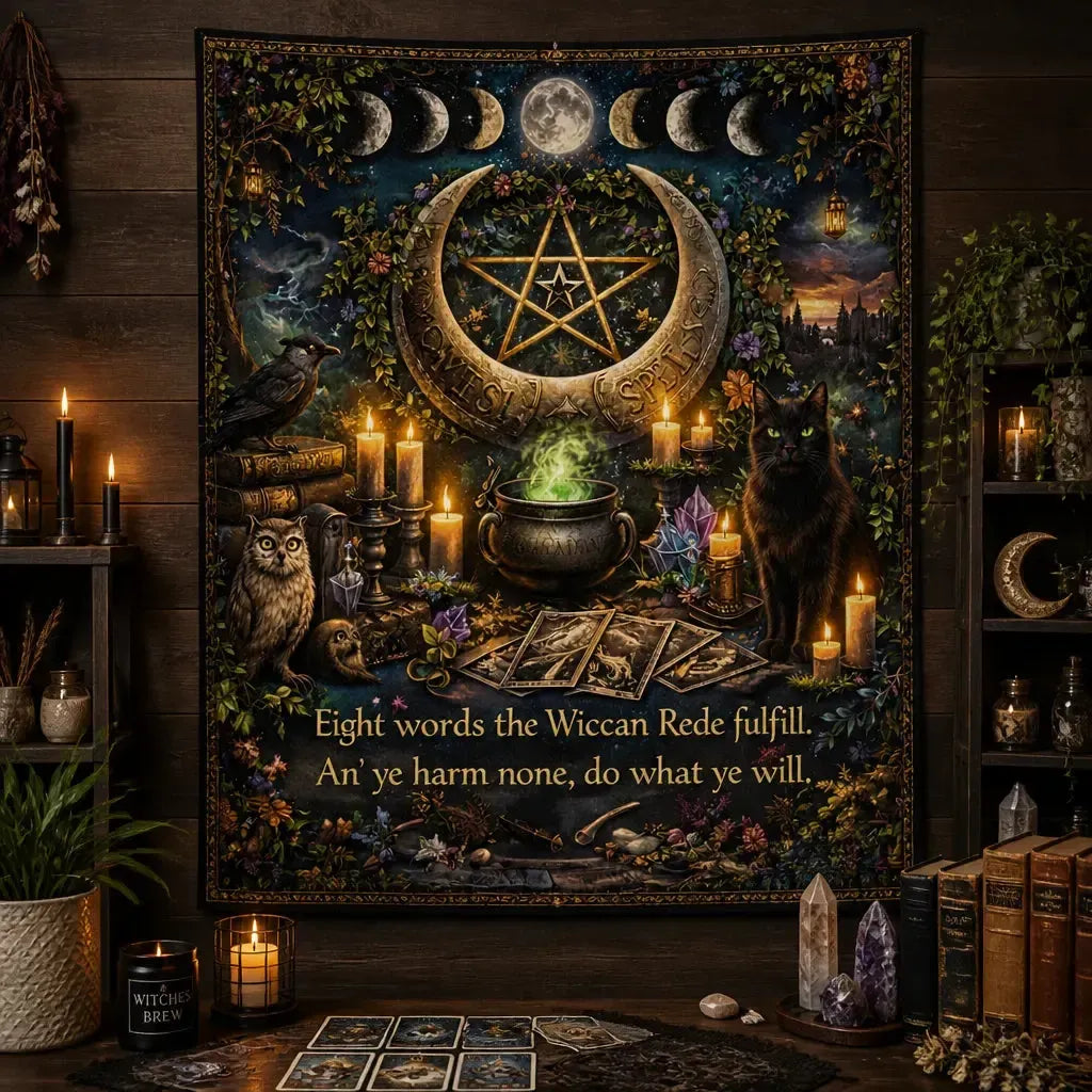 Wiccan-themed Tapestry with Moon phases, Spirit Animals & Mystical Elements_mockup_2.webp