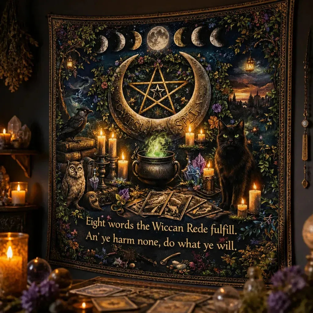Wiccan-themed Tapestry with Moon phases, Spirit Animals & Mystical Elements_mockup_3.webp