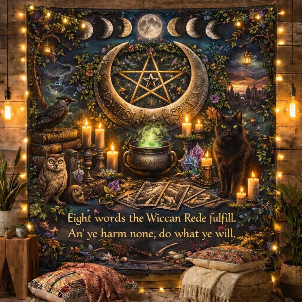Dark Wiccan tapestry with moon phases, pentagram, black cat, owl, raven, candles, and "Wiccan Rede" text.