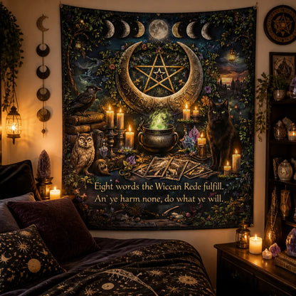 Wiccan-themed Tapestry with Moon phases, Spirit Animals & Mystical Elements_mockup_1.webp