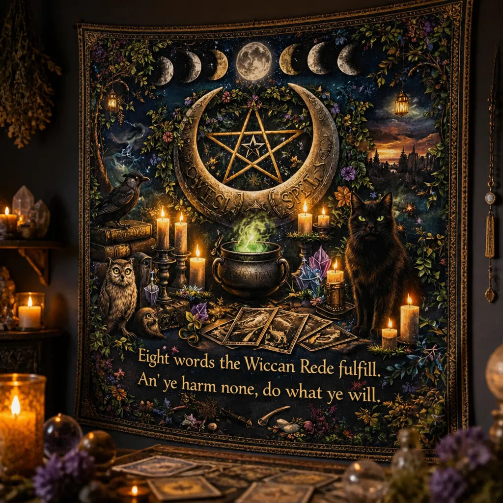 Wiccan-themed Tapestry with Moon phases, Spirit Animals & Mystical Elements_mockup_3.webp