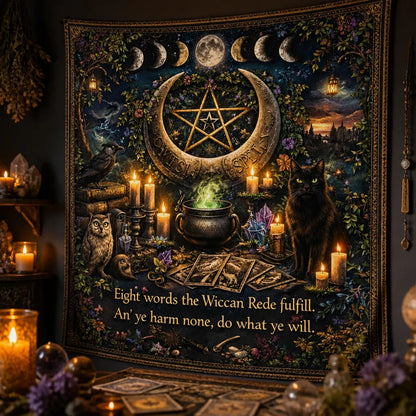 Wiccan-themed Tapestry with Moon phases, Spirit Animals & Mystical Elements_mockup_3.webp