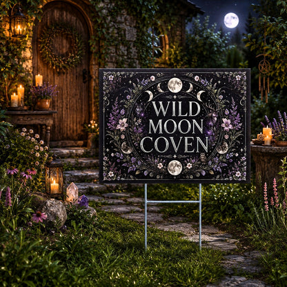 Wild Moon Coven Triple Moon Floral Wicca Yard Sign - close up detail