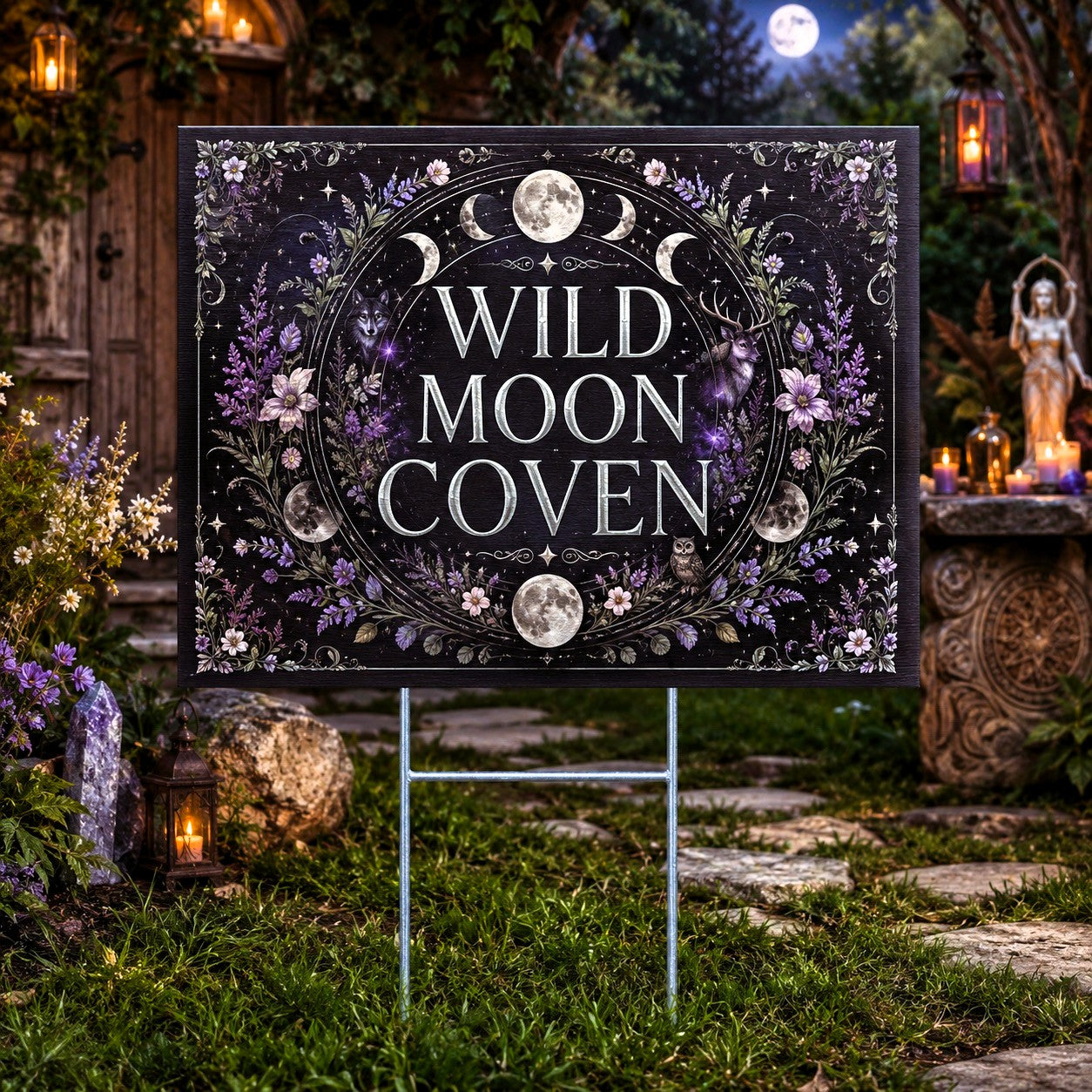 Wild Moon Coven Triple Moon Floral Wicca Yard Sign - front view