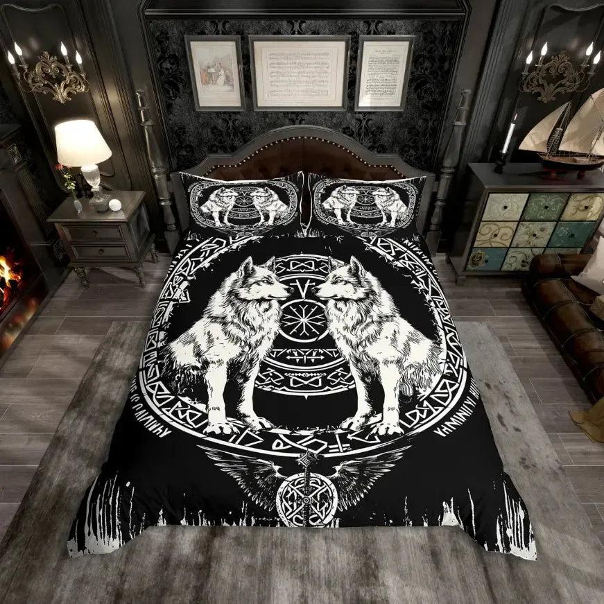 Wild Wolf and Raven Duvet Cover Set Viking Rune Tree of Life Bedding Set Pagan Home Decor-MoonChildWorld