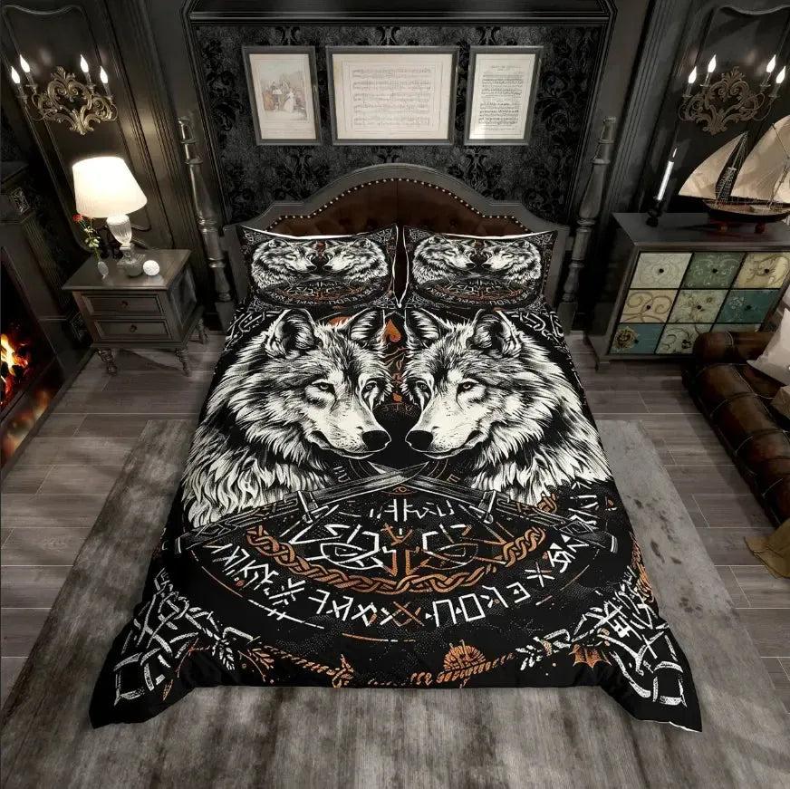 Wild Wolf and Raven Duvet Cover Set Viking Rune Tree of Life Bedding Set Pagan Home Decor-MoonChildWorld