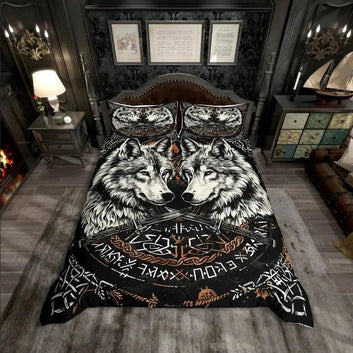 Wild Wolf and Raven Duvet Cover Set Viking Rune Tree of Life Bedding Set Pagan Home Decor-MoonChildWorld