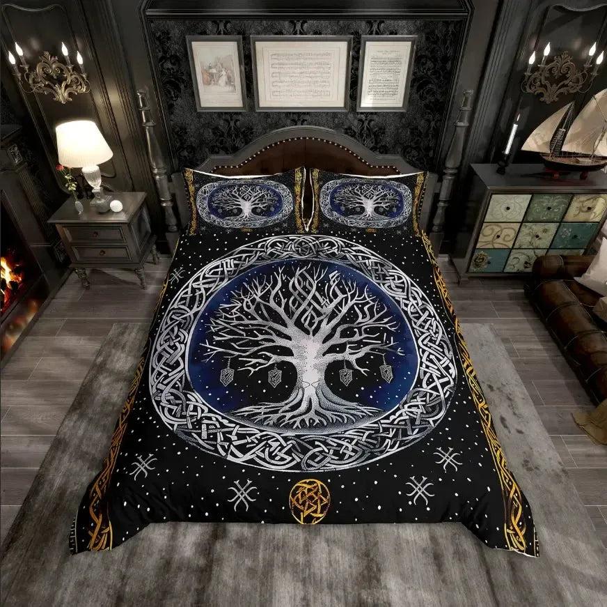 Wild Wolf and Raven Duvet Cover Set Viking Rune Tree of Life Bedding Set Pagan Home Decor-MoonChildWorld