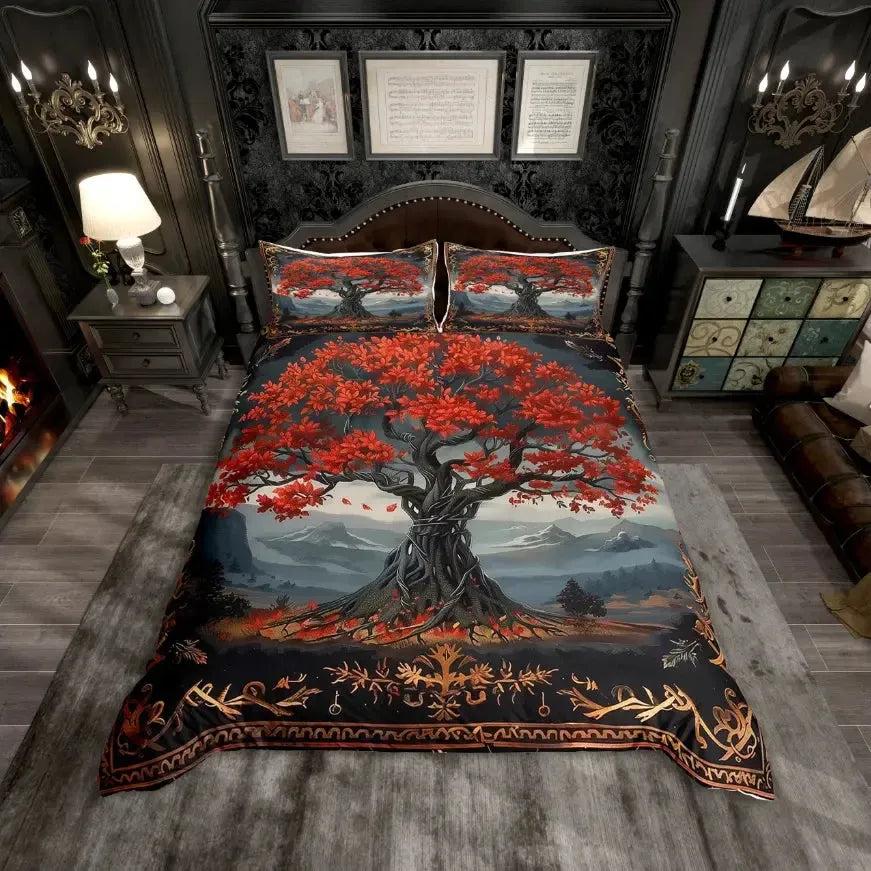Wild Wolf and Raven Duvet Cover Set Viking Rune Tree of Life Bedding Set Pagan Home Decor-MoonChildWorld