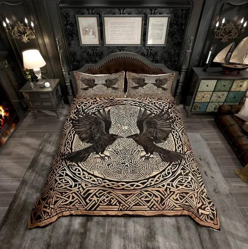 Wild Wolf and Raven Duvet Cover Set Viking Rune Tree of Life Bedding Set Pagan Home Decor-MoonChildWorld