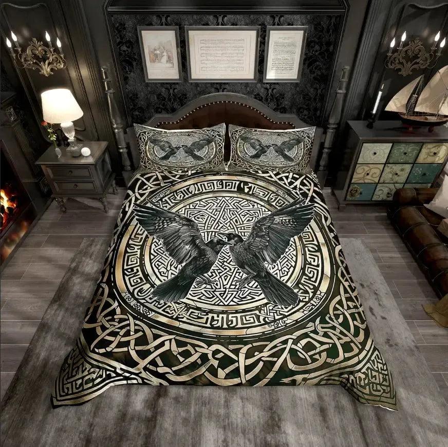 Wild Wolf and Raven Duvet Cover Set Viking Rune Tree of Life Bedding Set Pagan Home Decor-MoonChildWorld