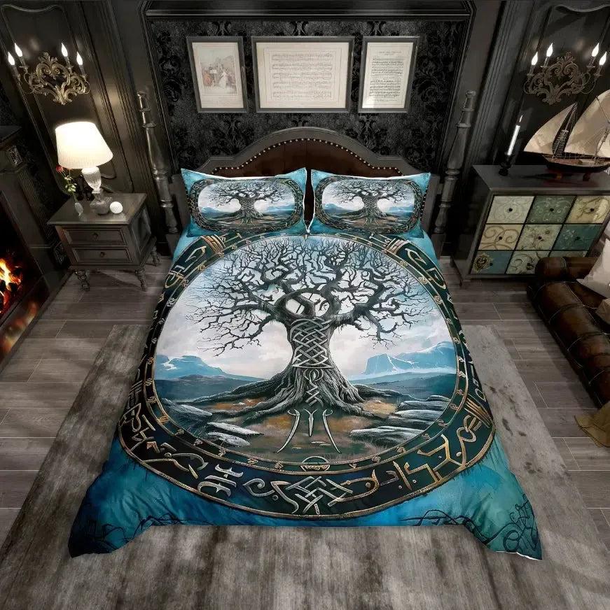 Wild Wolf and Raven Duvet Cover Set Viking Rune Tree of Life Bedding Set Pagan Home Decor-MoonChildWorld