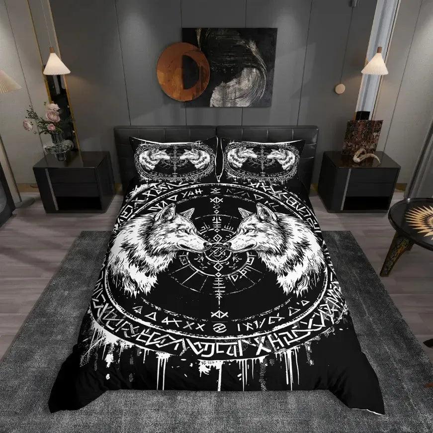 Wild Wolf and Raven Duvet Cover Set Viking Rune Tree of Life Bedding Set Pagan Home Decor-MoonChildWorld