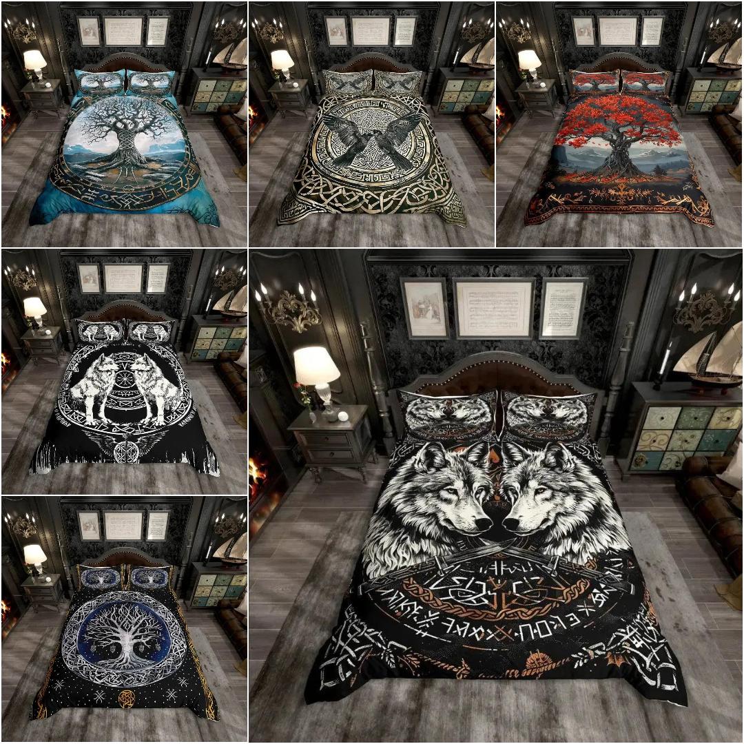 Wild Wolf and Raven Duvet Cover Set Viking Rune Tree of Life Bedding Set Pagan Home Decor-MoonChildWorld