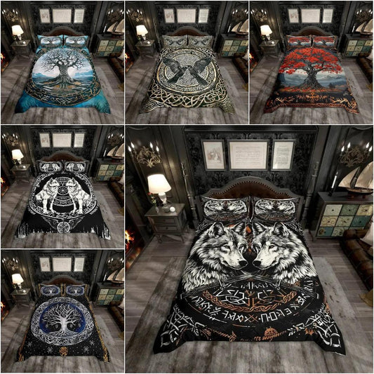 Wild Wolf and Raven Duvet Cover Set Viking Rune Tree of Life Bedding Set Pagan Home Decor-MoonChildWorld