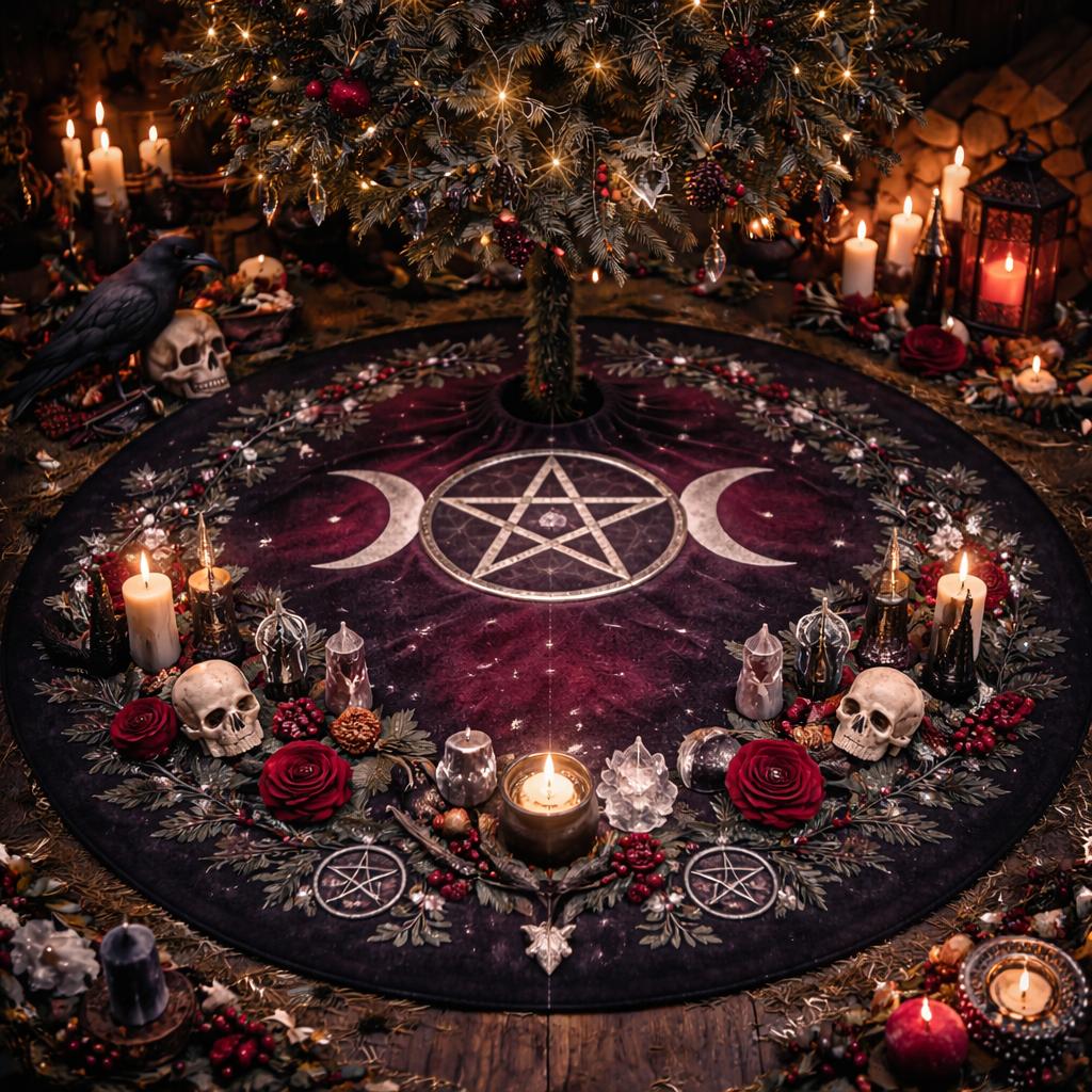 Dark red velvet tree skirt with a central Triple Moon and pentacle, surrounded by skulls, red roses, and candles.