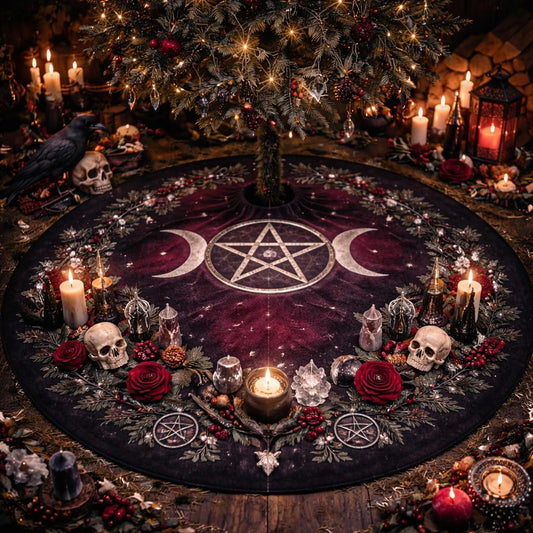 Dark red velvet tree skirt with a central Triple Moon and pentacle, surrounded by skulls, red roses, and candles.
