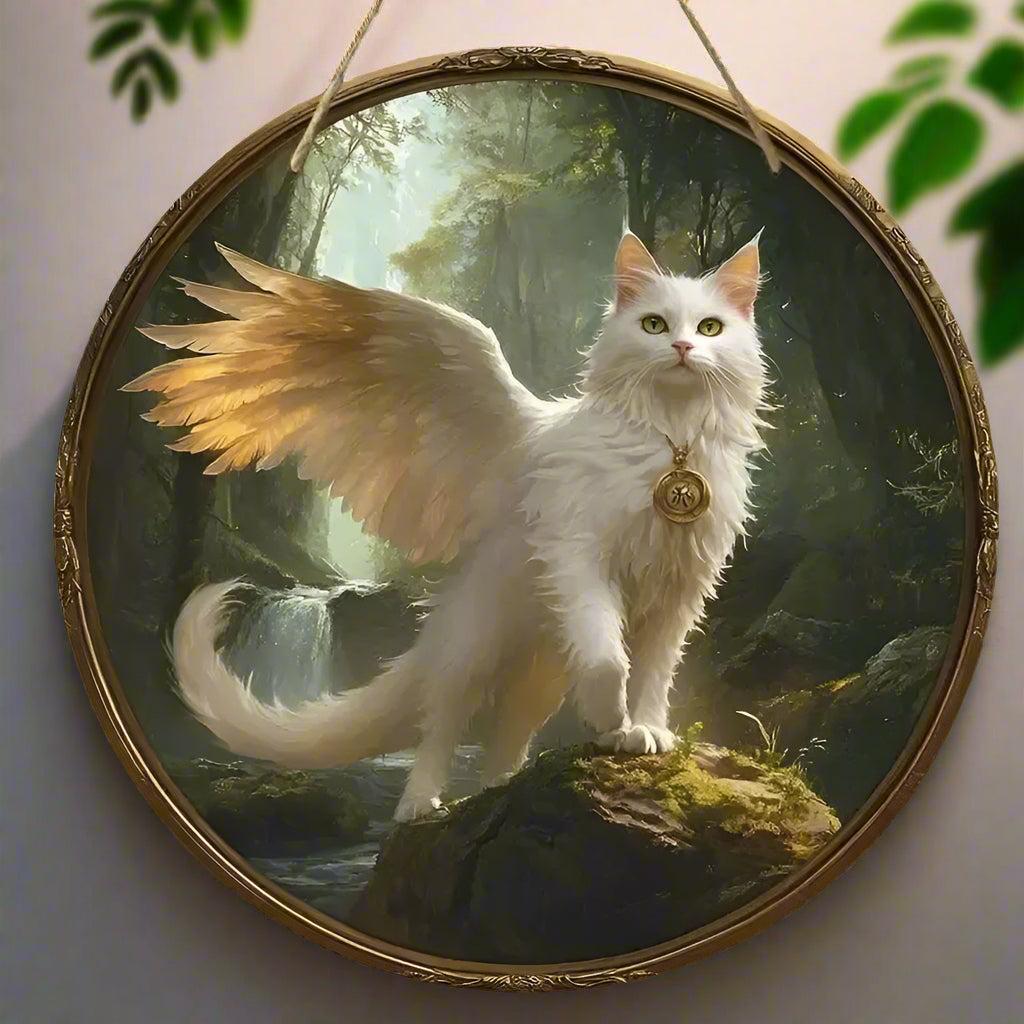 Winged Cat Wooden Sign - Witchy Hanging Sign Home Decor-MoonChildWorld