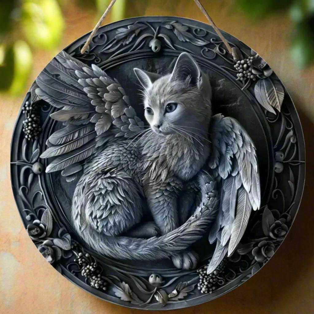 Winged Cat Wooden Sign - Witchy Hanging Sign Home Decor-MoonChildWorld