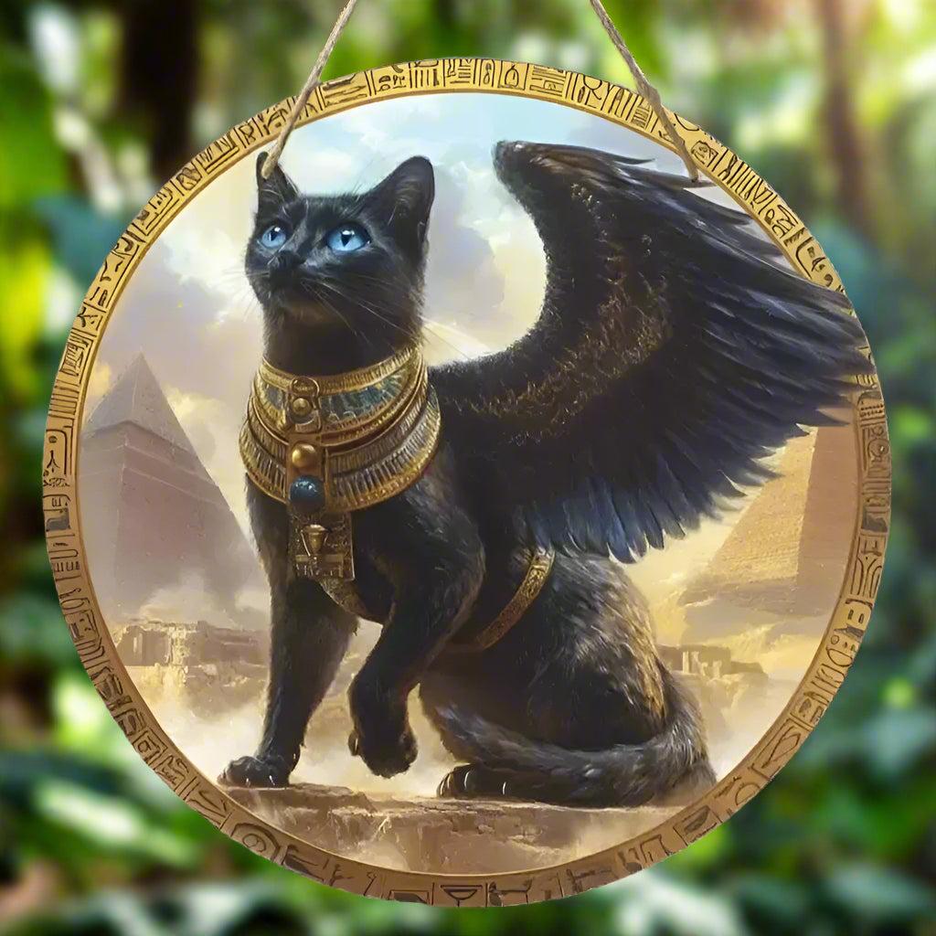 Winged Cat Wooden Sign - Witchy Hanging Sign Home Decor-MoonChildWorld