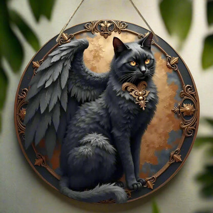 Winged Cat Wooden Sign - Witchy Hanging Sign Home Decor-MoonChildWorld