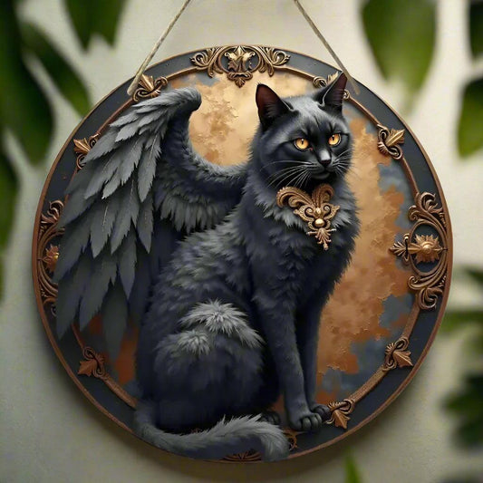 Winged Cat Wooden Sign - Witchy Hanging Sign Home Decor-MoonChildWorld
