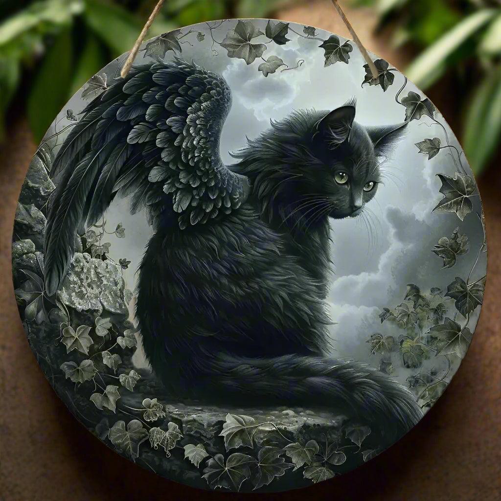 Winged Cat Wooden Sign - Witchy Hanging Sign Home Decor-MoonChildWorld