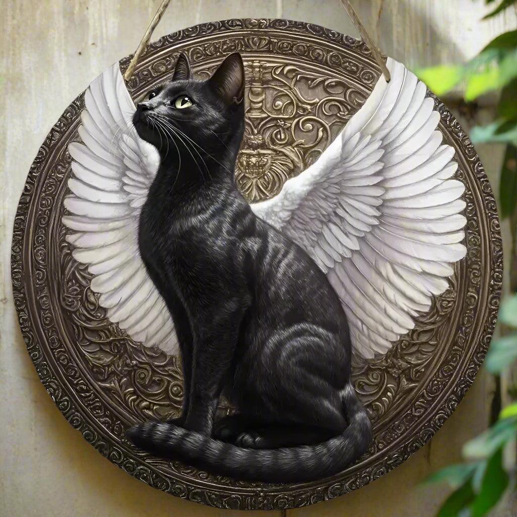 Winged Cat Wooden Sign - Witchy Hanging Sign Home Decor-MoonChildWorld