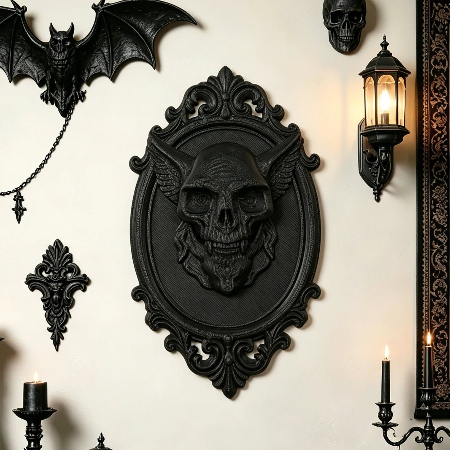 Winged Demon Skull Relief Wall Hanging – front view