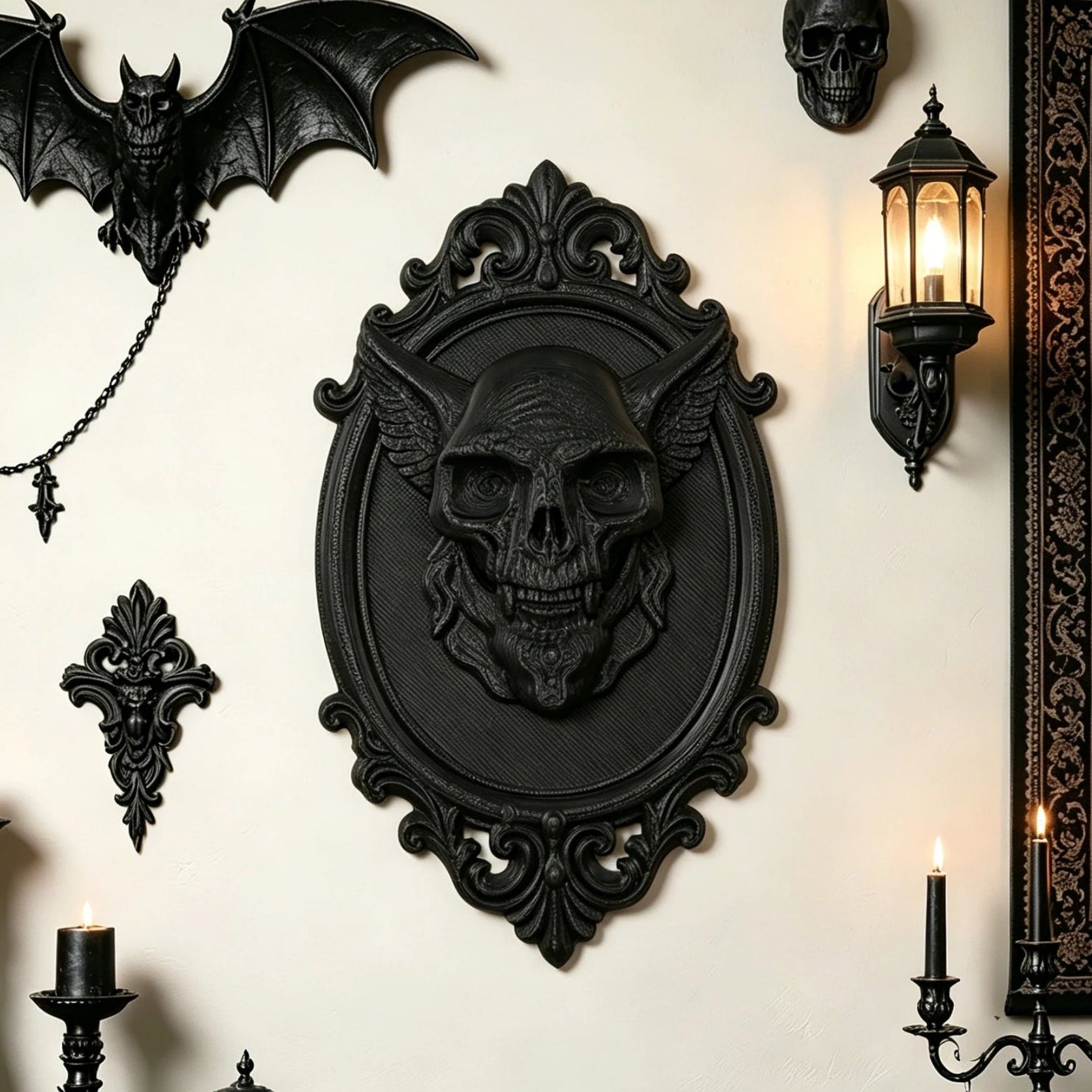 Winged Demon Skull Relief Wall Hanging – front view