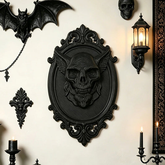 Winged Demon Skull Relief Wall Hanging – front view