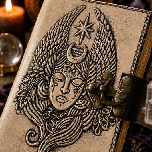 Winged goddess leather journal – antique handmade Pagan grimoire, embossed winged woman design, view 2