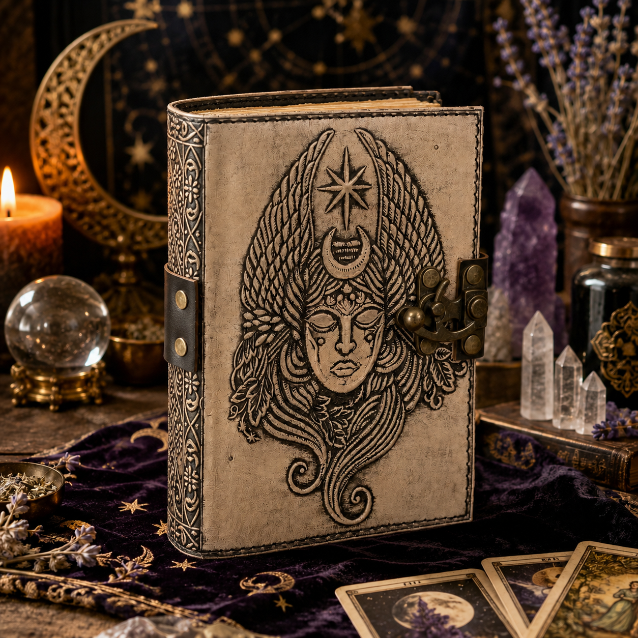 Winged goddess leather journal – antique handmade Pagan grimoire, embossed winged woman design, view 4