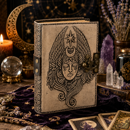 Winged goddess leather journal – antique handmade Pagan grimoire, embossed winged woman design, view 4