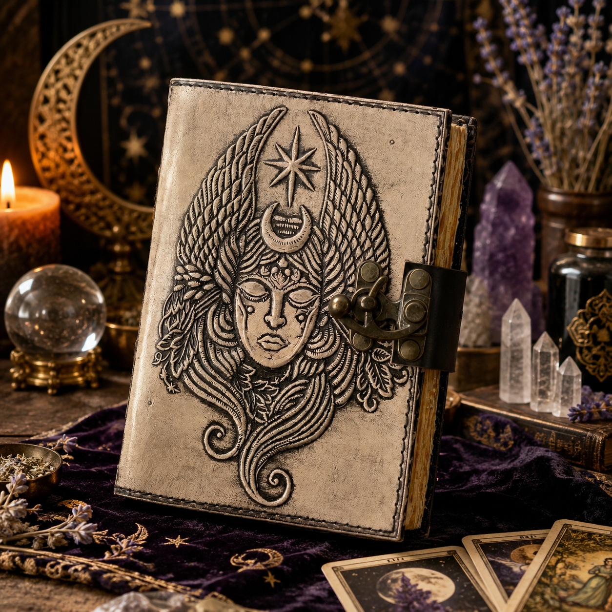 Winged goddess leather journal – antique handmade Pagan grimoire, embossed winged woman design, view 1