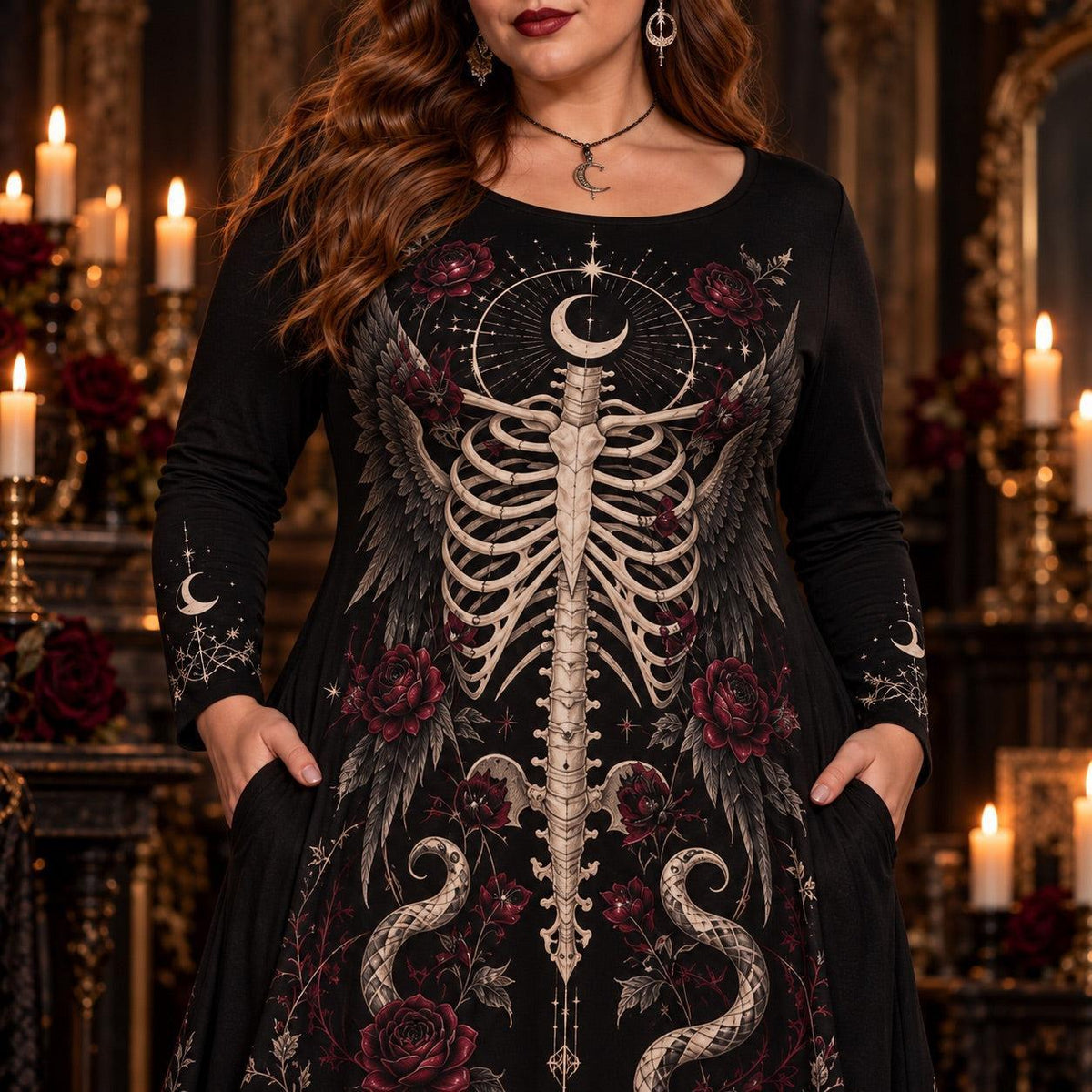 Winged Rib Cage Plus Size Gothic Dress – Serpent Rose Long Sleeve Maxi – close up of the printed artwork