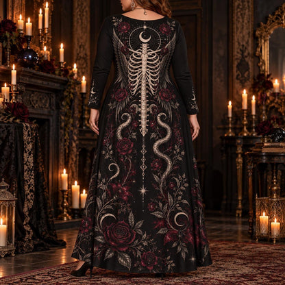 Winged Rib Cage Plus Size Gothic Dress – Serpent Rose Long Sleeve Maxi – worn, back view