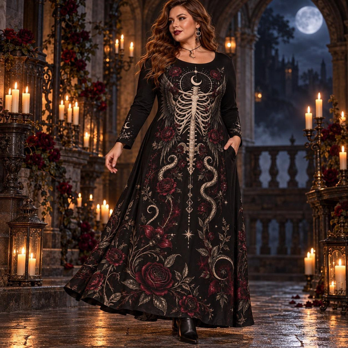 Winged Rib Cage Plus Size Gothic Dress – Serpent Rose Long Sleeve Maxi – worn, three quarter view