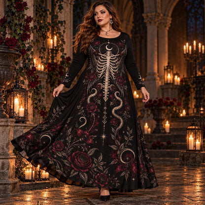Winged Rib Cage Plus Size Gothic Dress – Serpent Rose Long Sleeve Maxi – worn, in motion
