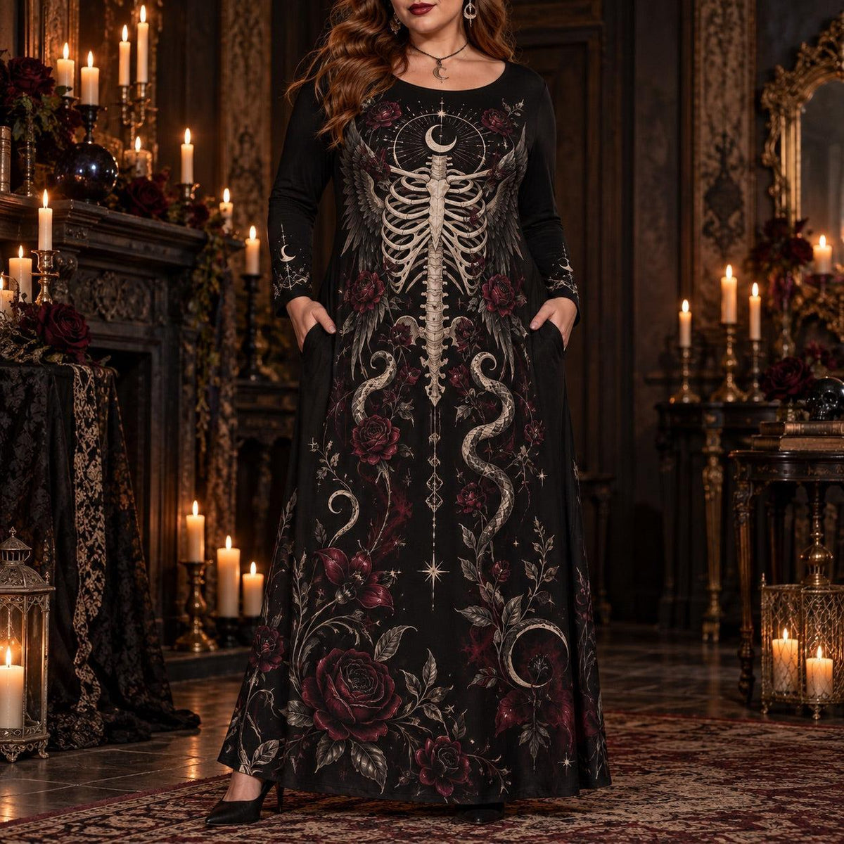 Winged Rib Cage Plus Size Gothic Dress – Serpent Rose Long Sleeve Maxi – worn, front view
