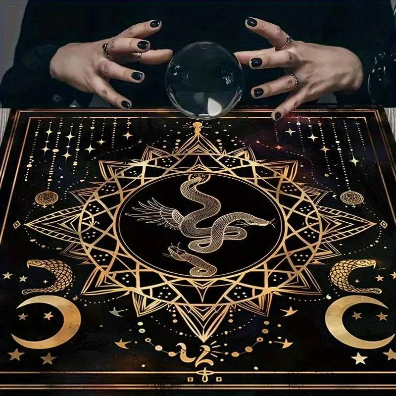 Winged Serpent Witchy Tarot Tablecloth - Golden Snake & Star Moon Design for Occult Decor-MoonChildWorld