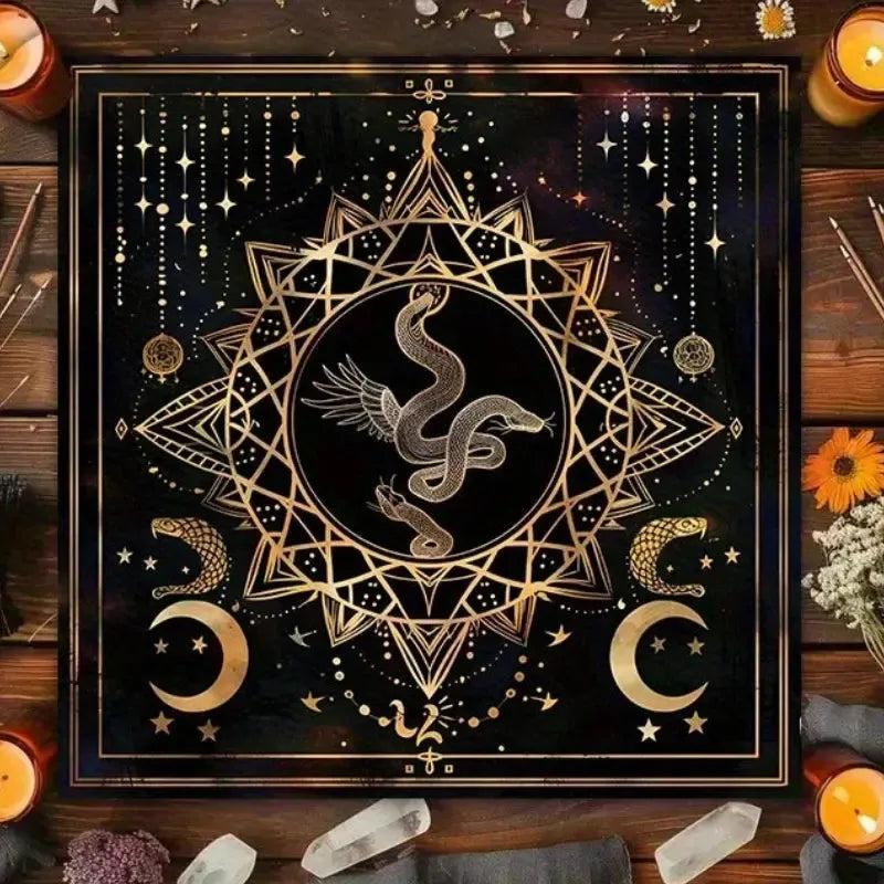 Winged Serpent Witchy Tarot Tablecloth - Golden Snake & Star Moon Design for Occult Decor-MoonChildWorld