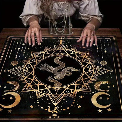 Winged Serpent Witchy Tarot Tablecloth - Golden Snake & Star Moon Design for Occult Decor-MoonChildWorld
