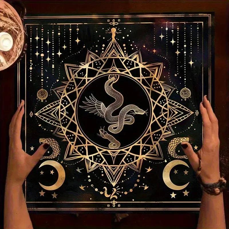 Winged Serpent Witchy Tarot Tablecloth - Golden Snake & Star Moon Design for Occult Decor-MoonChildWorld