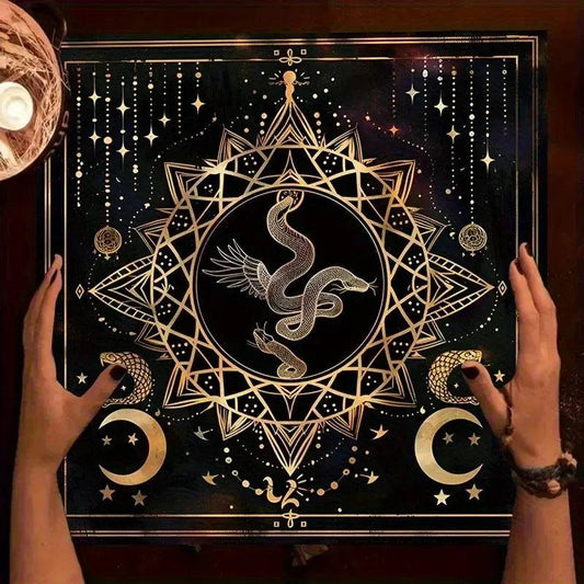 Winged Serpent Witchy Tarot Tablecloth - Golden Snake & Star Moon Design for Occult Decor-MoonChildWorld
