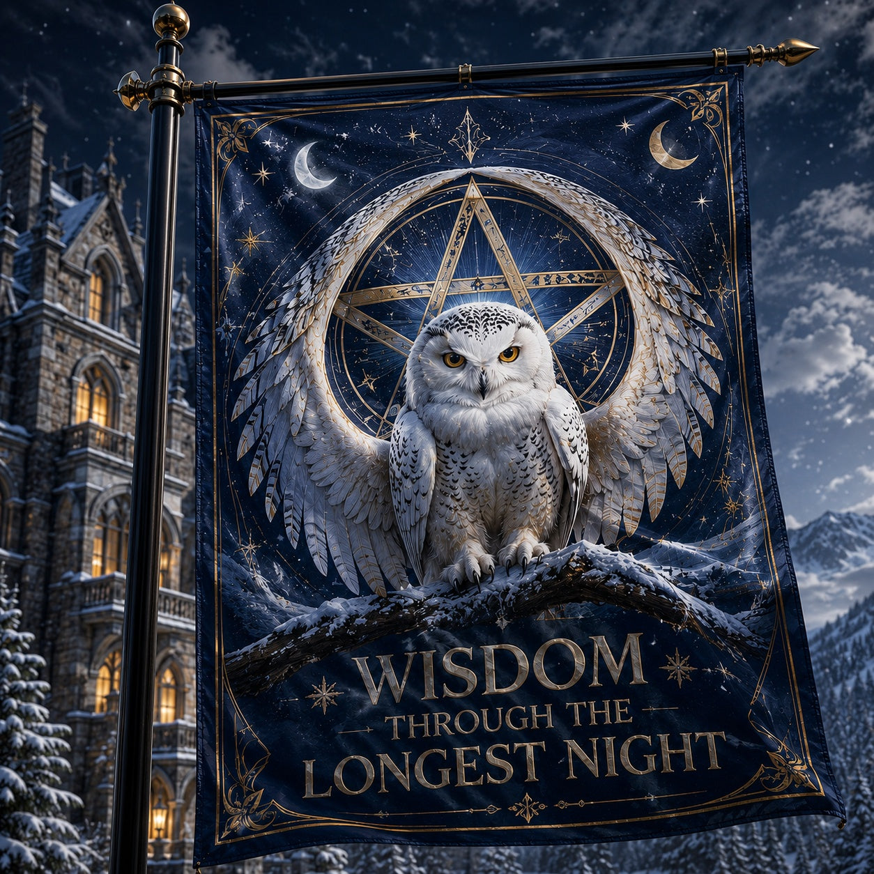 Winter Owl Watch house flag mockup hanging outdoors as pagan winter decor