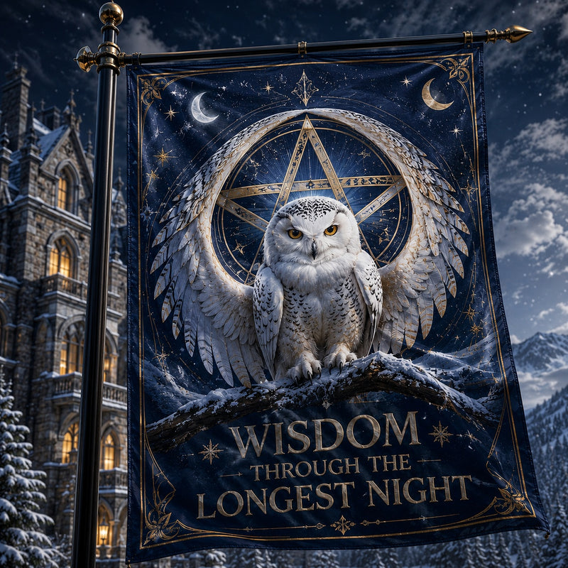 Winter Owl Watch house flag mockup hanging outdoors as pagan winter decor