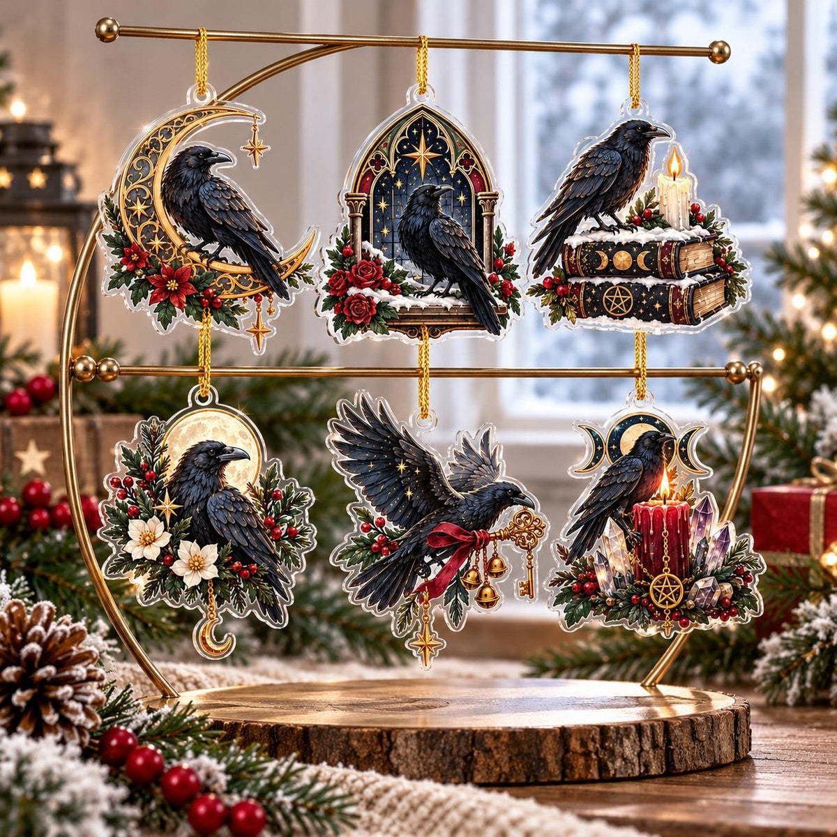 Winter Raven Familiar Acrylic Ornament Set – Gothic Yule Christmas Decor – set of 6, another view
