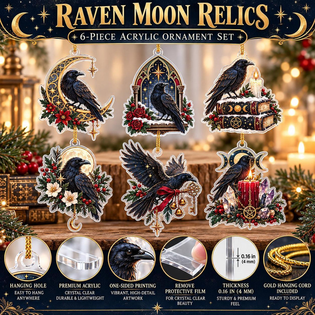 Winter Raven Familiar Acrylic Ornament Set – Gothic Yule Christmas Decor – ornament size and details