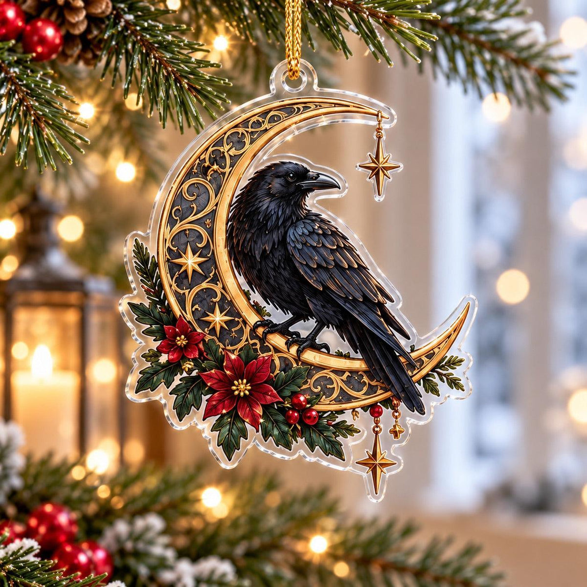 Winter Raven Familiar Acrylic Ornament Set – Gothic Yule Christmas Decor – Crescent Raven ornament
